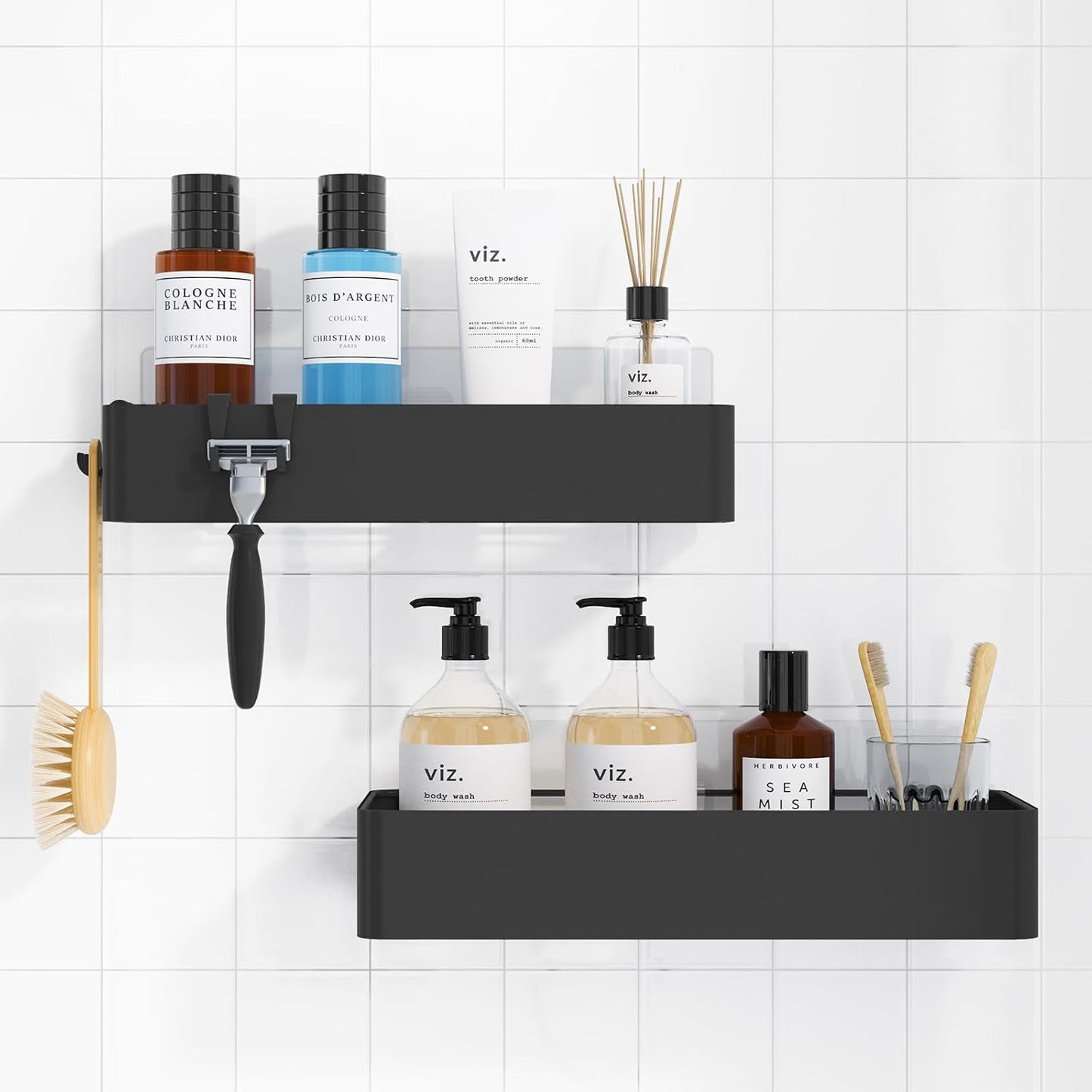 Duschablage ohne Bohren 2 Stück rostfreie Badezimmer Organizer, schnell trocknende Badregal ohne Bohren mit großer Kapazität, langlebige Shampoo Halterung für Dusche aus Edelstahl, Schwarz