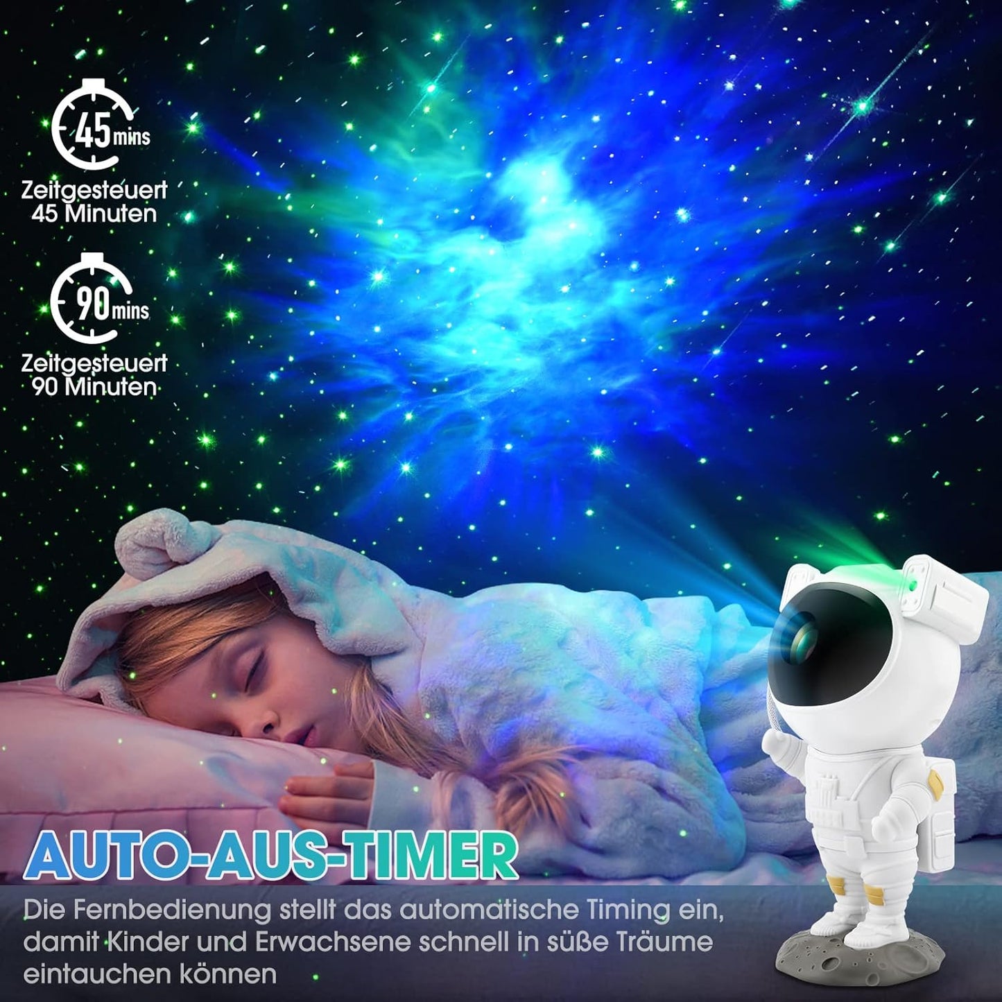 Astronauten Sternenhimmel Projektor, Farblicht-LED Projektor mit Sternnebel/Galaxie Projektion als atmosphärische Raumdekoration, Heimkino-Beleuchtung oder Schlafzimmer-Stimmungslicht (Weiß)