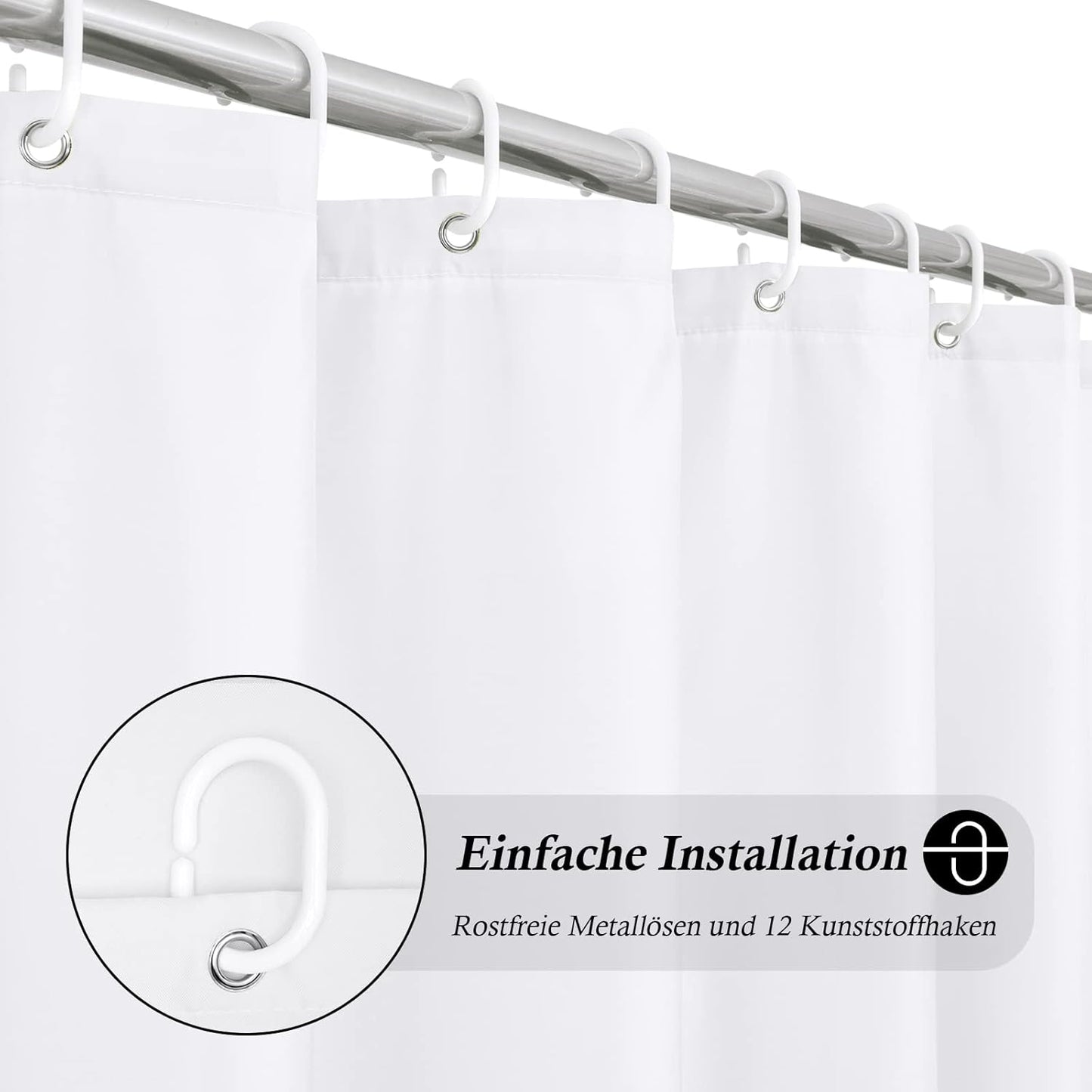 Duschvorhang 180x200 cm Weiß Textil,Anti-schimmel Wasserdicht und Trocknet Schnell,Waschbar Hochwertig Stoff Duschvorhang Badewanne 1.8 x 2m Lang mit 12 Ringen