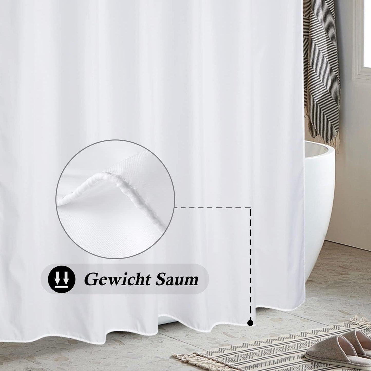 Duschvorhang 180x200 cm Weiß Textil,Anti-schimmel Wasserdicht und Trocknet Schnell,Waschbar Hochwertig Stoff Duschvorhang Badewanne 1.8 x 2m Lang mit 12 Ringen