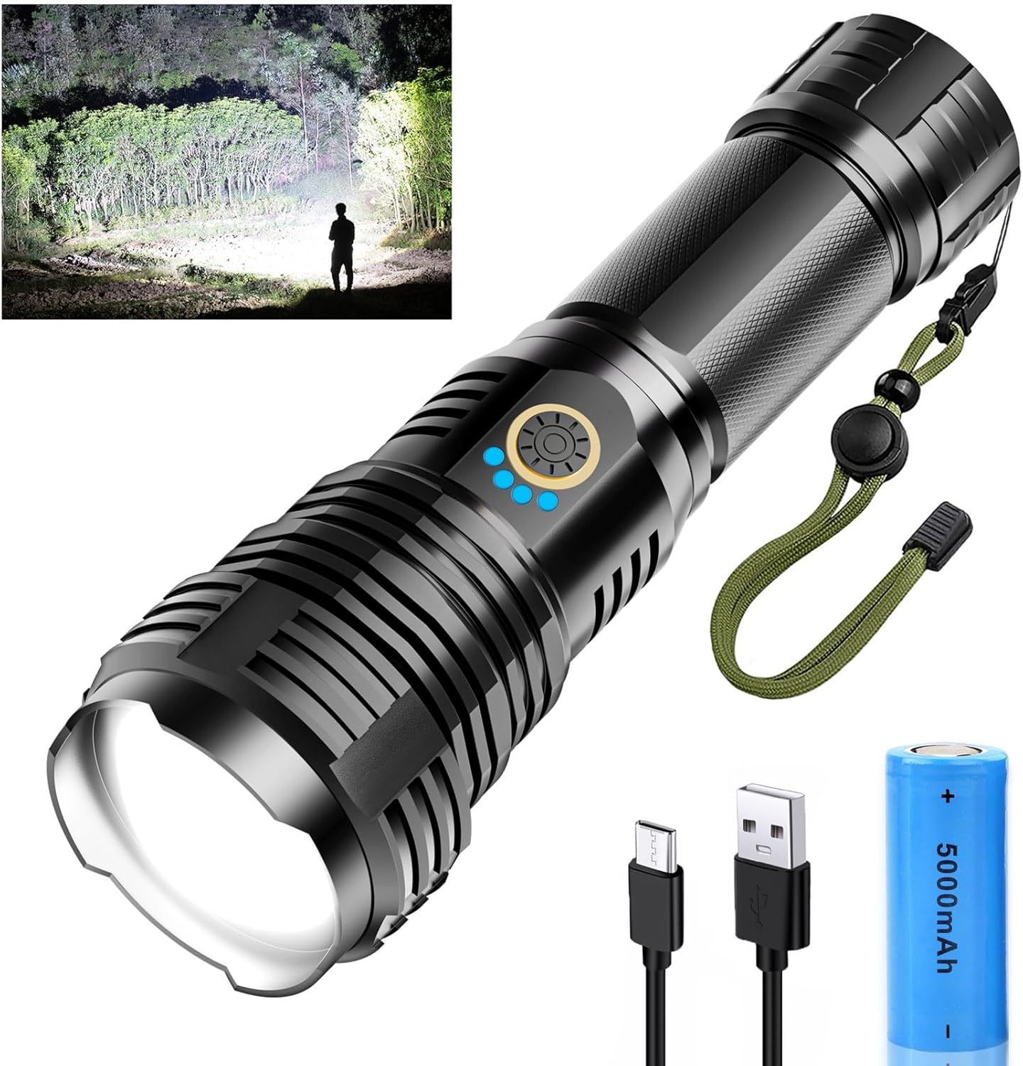LED Taschenlampe Extrem Helle 500000 Lumen, Taschenlampe USB Aufladbar, XHP70.2 Taktische Taschenlampe Batteriebetrieben, IPX7 Wasserdicht, 5 Lichtmodi Zoombar Flashlight für Notfälle