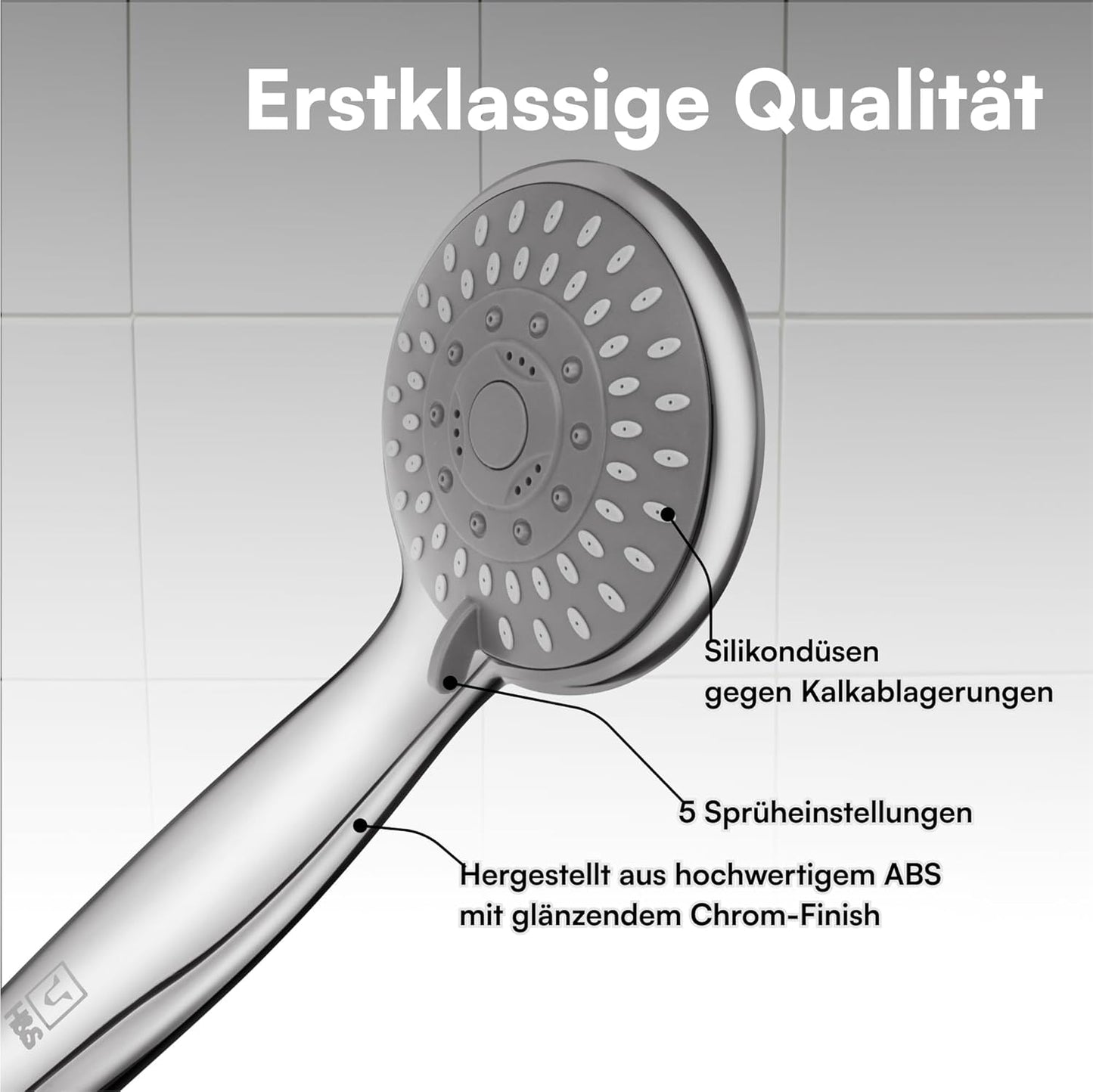 Universal Duschkopf mit Hohem Wasserdruck - Duschbrause mit 5 Verstellbaren Modi - Leistungsstarke verchromte Regendusche in Groß - Handbrause für Badinstallationen