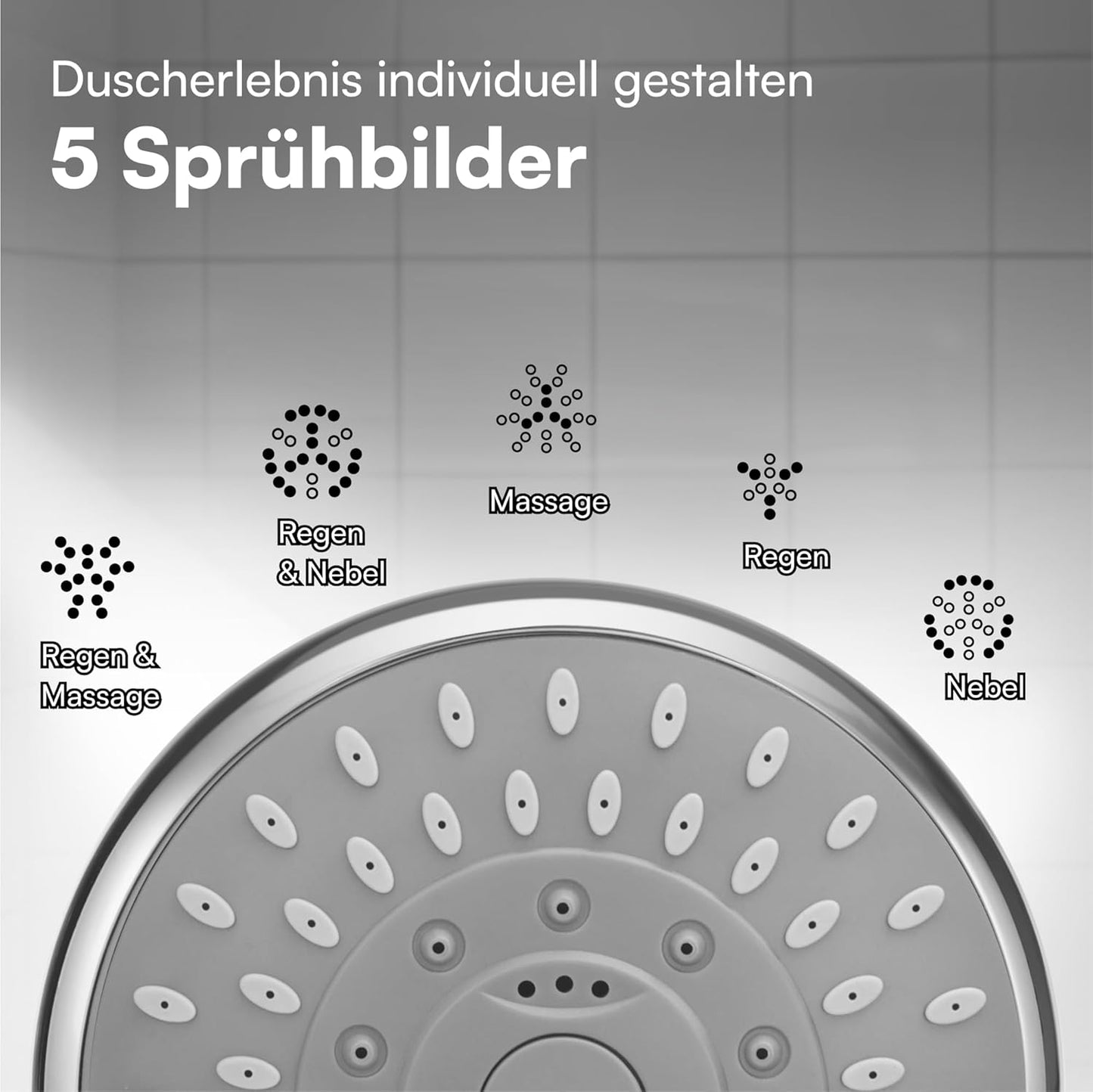 Universal Duschkopf mit Hohem Wasserdruck - Duschbrause mit 5 Verstellbaren Modi - Leistungsstarke verchromte Regendusche in Groß - Handbrause für Badinstallationen